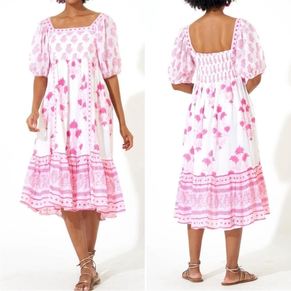 Tuckernuck Oliphant Puff Sleeve Midi Dress in Jaipur Pink & White NWT Size XS - Picture 6 of 14